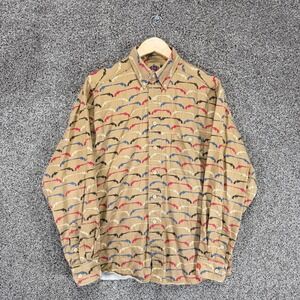 Vintage Barn Fly Shirt Mens M Brown Big Iron Revolver Gun Print Made In USA